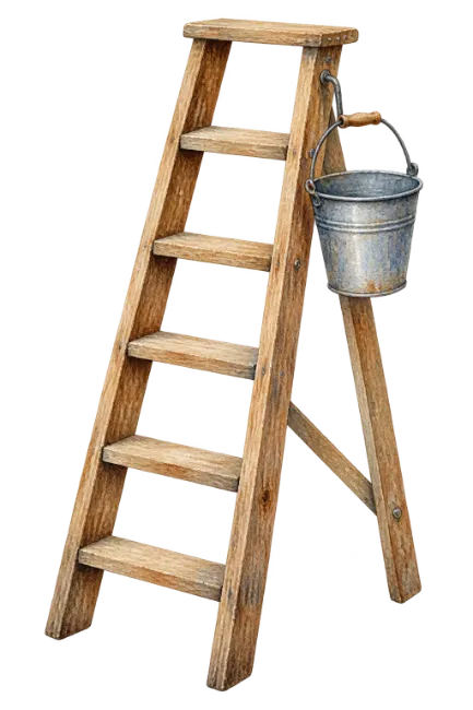 Wooden Stepladder with Metal Bucket Illustration