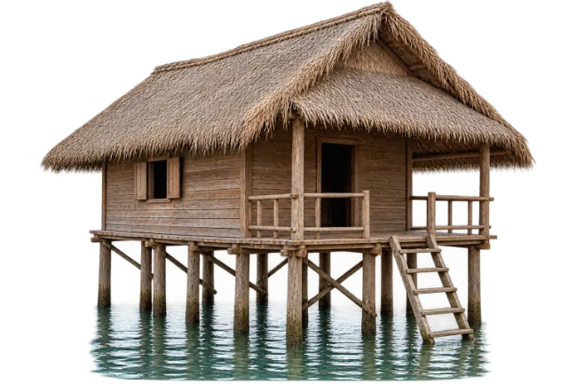Wooden Stilt House on Water