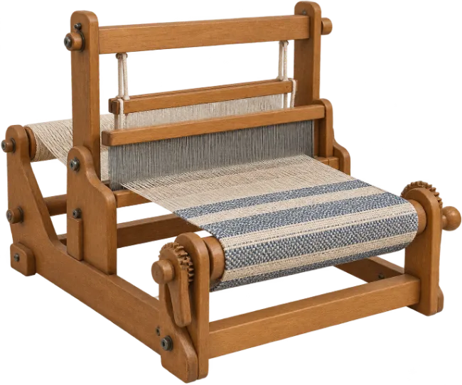 Wooden Tabletop Loom with Woven Striped Fabric