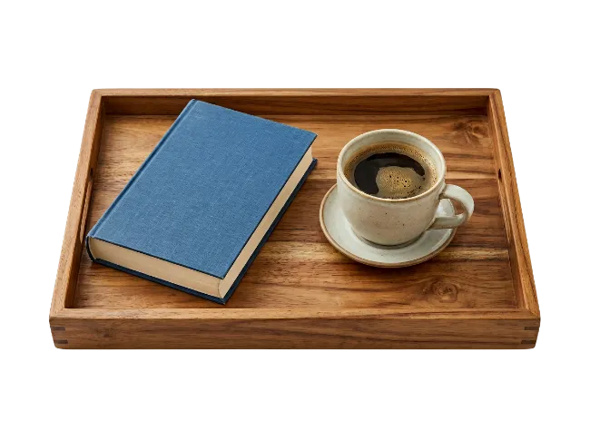 Wooden Tray with Book and Coffee Cup