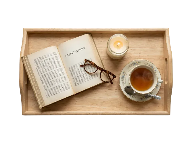 Wooden Tray with Open Book Reading Setup