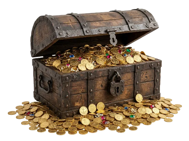 Wooden Treasure Chest Filled With Gold Coins