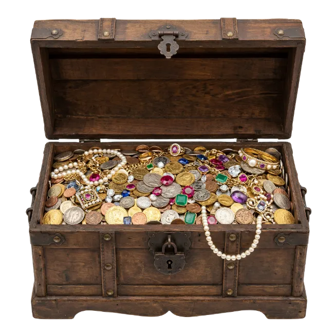 Wooden Treasure Chest Filled with Jewels and Coins
