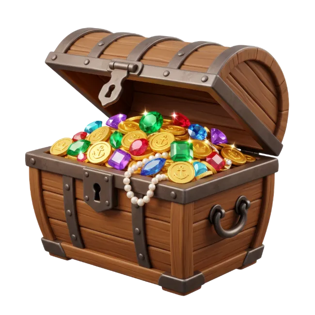 Wooden Treasure Chest Overflowing with Gold and Gems