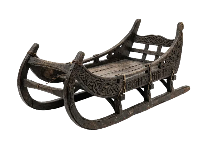 Wooden Viking Sledge with Intricate Carvings