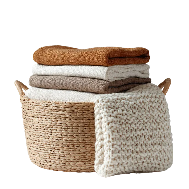 Woven basket filled with folded blankets and towels