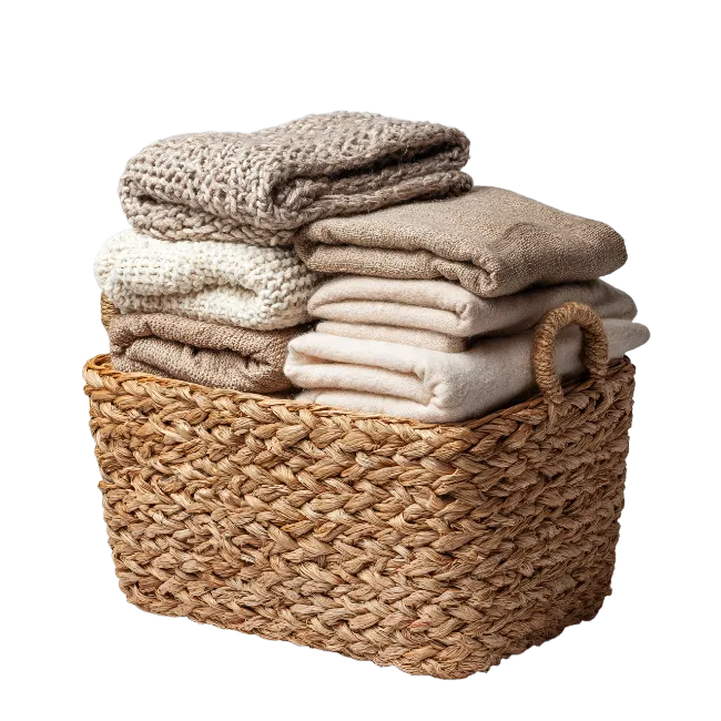 Woven basket filled with folded woolen sweaters