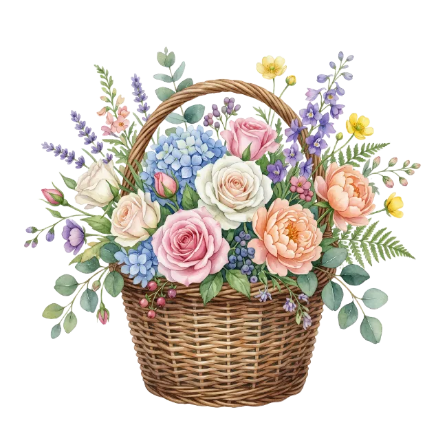 Woven Basket Full of Colorful Spring Flowers