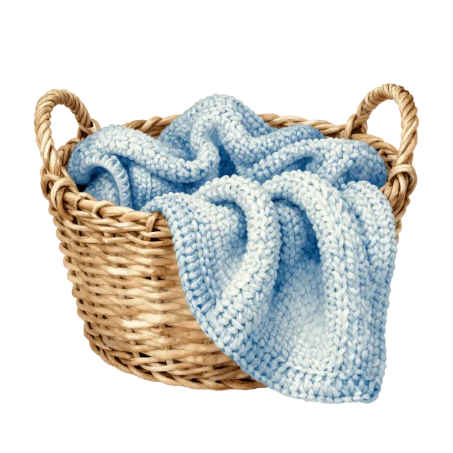 Woven laundry basket with light blue knitted blanket