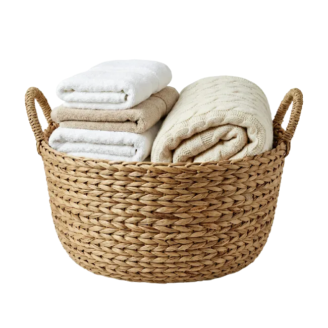 Woven Storage Basket With Folded Towels