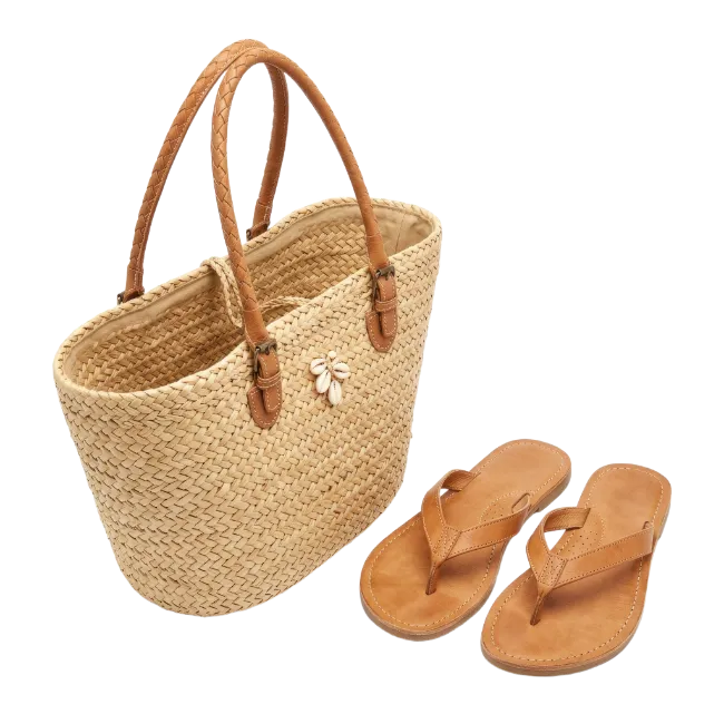 Woven Straw Beach Bag and Leather Flip Flops