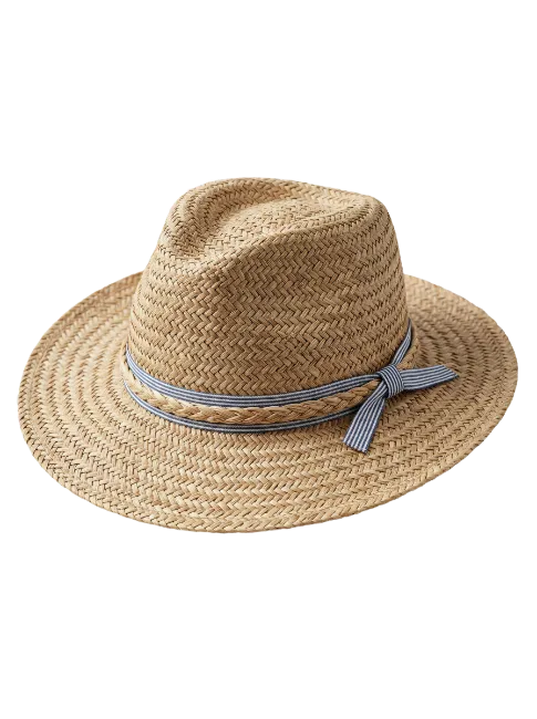 Woven Straw Fedora Hat with Blue Striped Ribbon