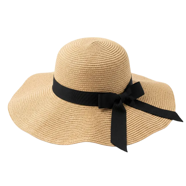 Woven Straw Sun Hat with Black Ribbon