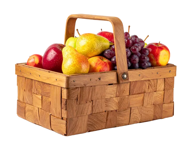 Woven wooden basket filled with assorted fresh fruits