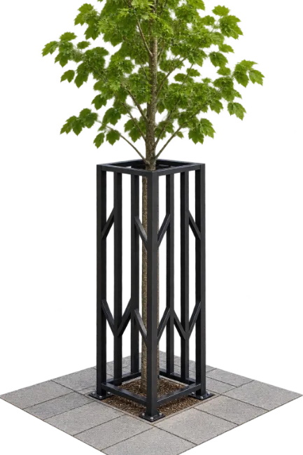 Young Tree With Black Metal Protective Guard