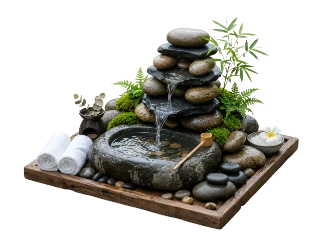 Zen Stone Water Fountain with Bamboo and Towels